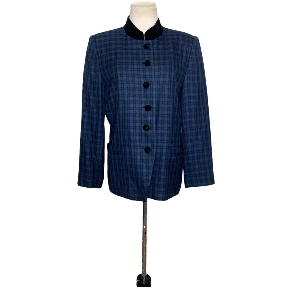Kim Rogers vintage blue green plaid six button blazer size 10P